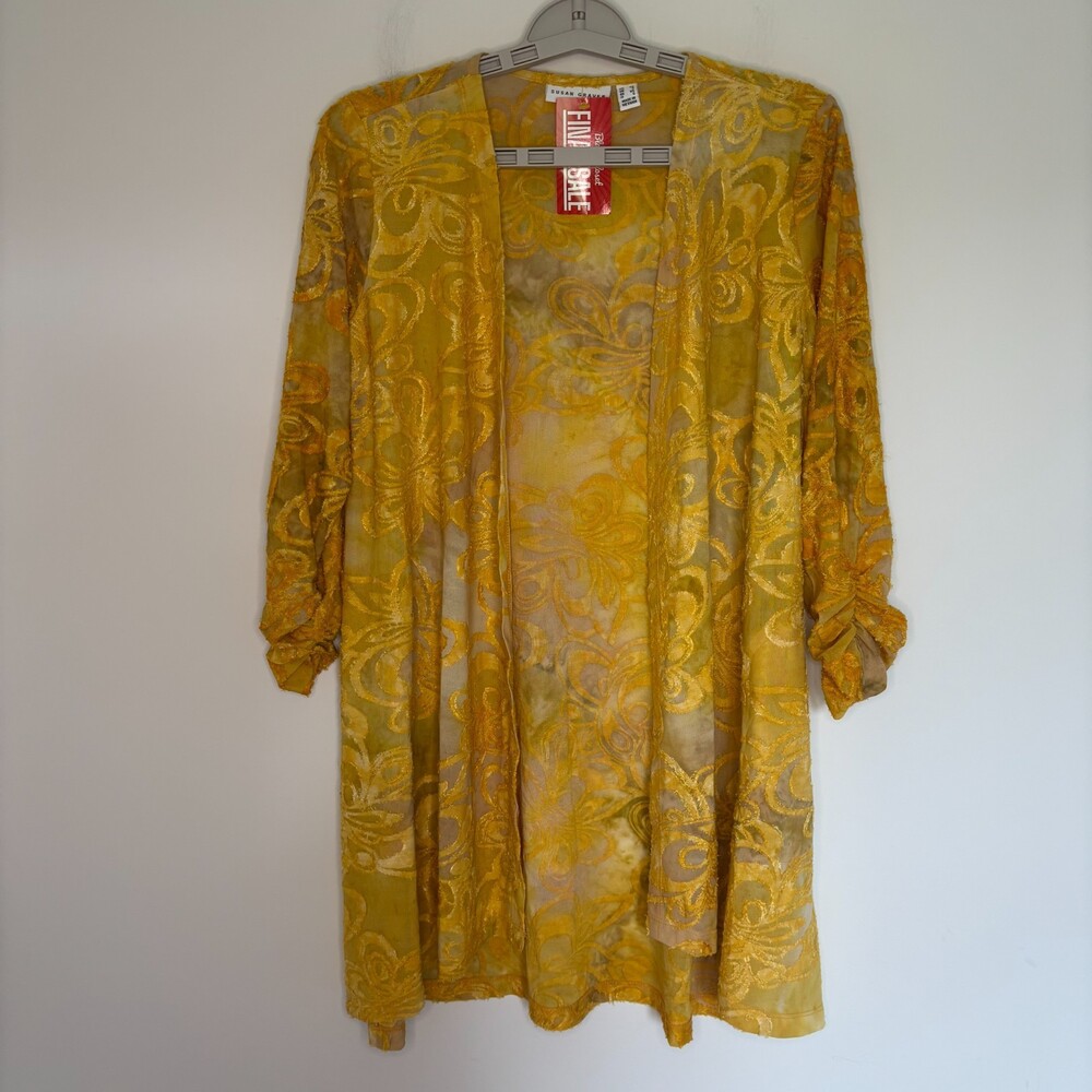 Susan Graver NEW Burnout Knit Cardigan Women XS Floral Yellow 3/4 Sleeve Pockets